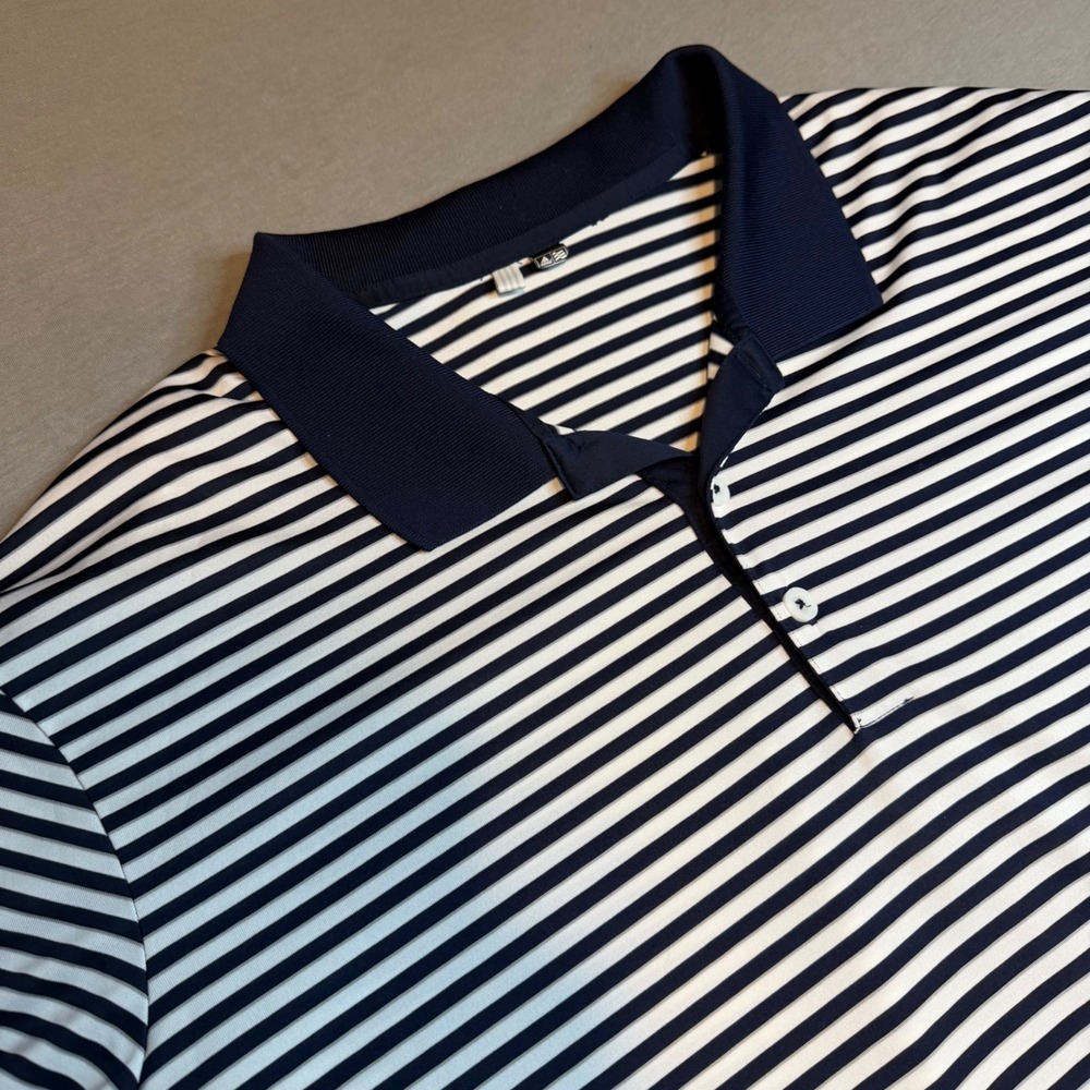 Adidas Mens Navy Blue White Striped Performance Golf Polo Shirt Short Sleeve‎